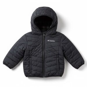 Columbia Reversible Puffer Hooded Fleece Jacket Black Gray Plaid Size 2T